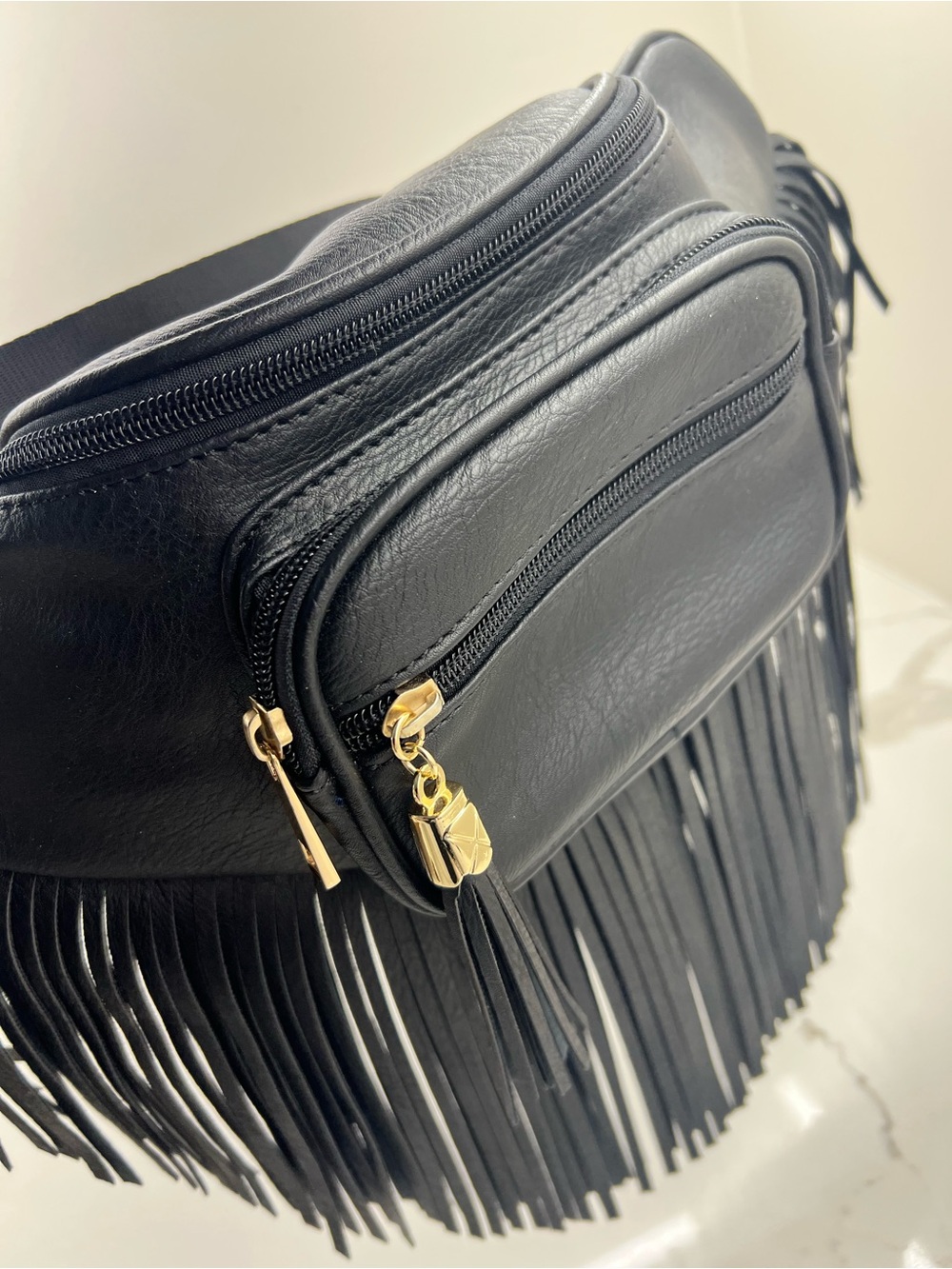 Dressed in LALA Black Fringe Fanny Pack with Gold Hardware